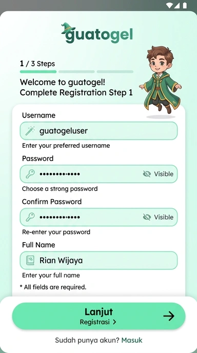 Tampilan halaman daftar guatogel